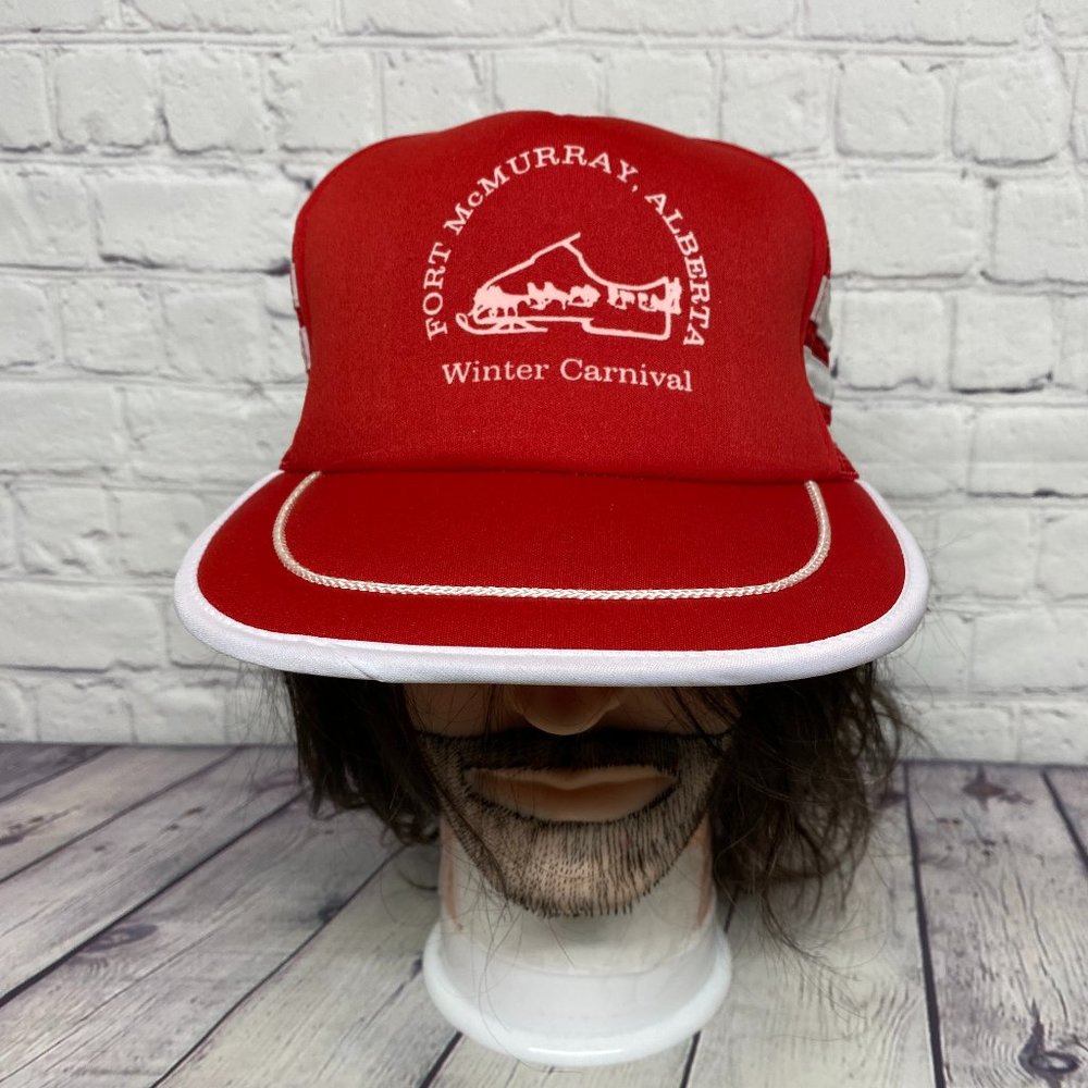 Vintage Trucker Hat Mesh Cap 3 Stripe Snapback Red Fort McMurray Winter Carnival